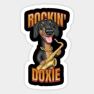 Fun Doxie Dog playing sax on Rockin Doxie tee Sticker